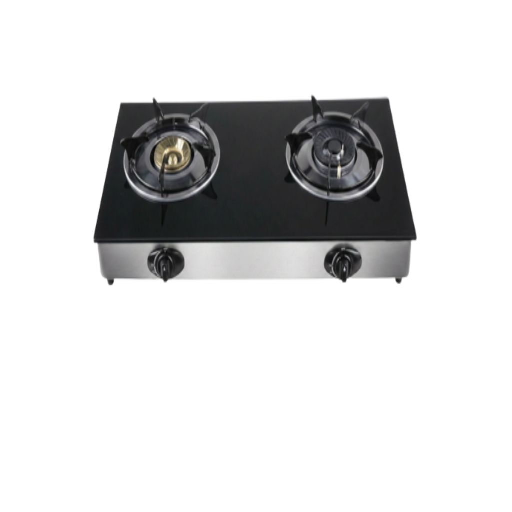 OMEGA Stove with Tempered Glass Top, Dual Burner, Stainless Steel Body, Black